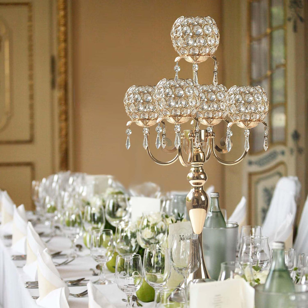 Set of 4 Candlesticks 5 Arm Crystal Strap Pendant Gold Table Decor Candelabra, 22.5 inches Elegant Dining Room