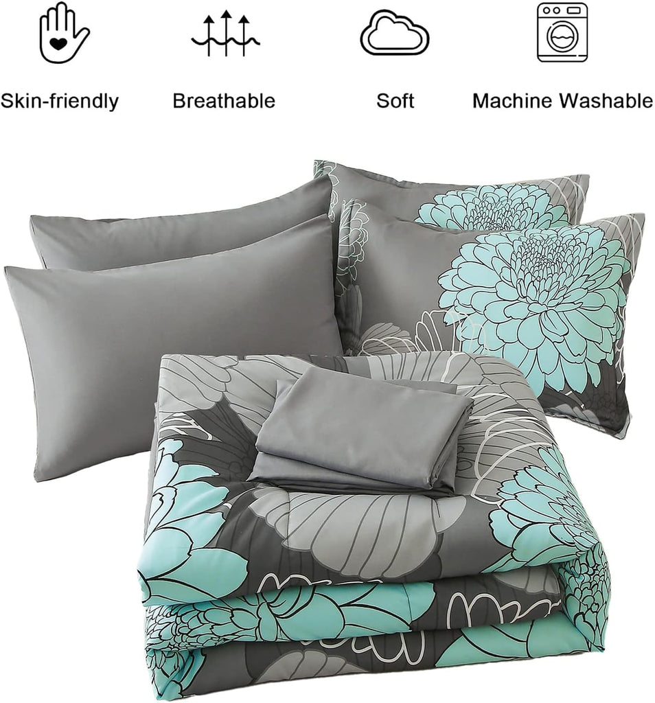 7 Pieces Bed in a Bag Floral Comforter Set Queen Flowers Bedding Set Soft Microfiber Boho Comforter Sets with 1