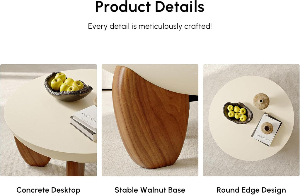 Round Concrete Coffee Table with Premium Walnut Ash Wood Legs, Modern Minimalist Cement Finish Center Table