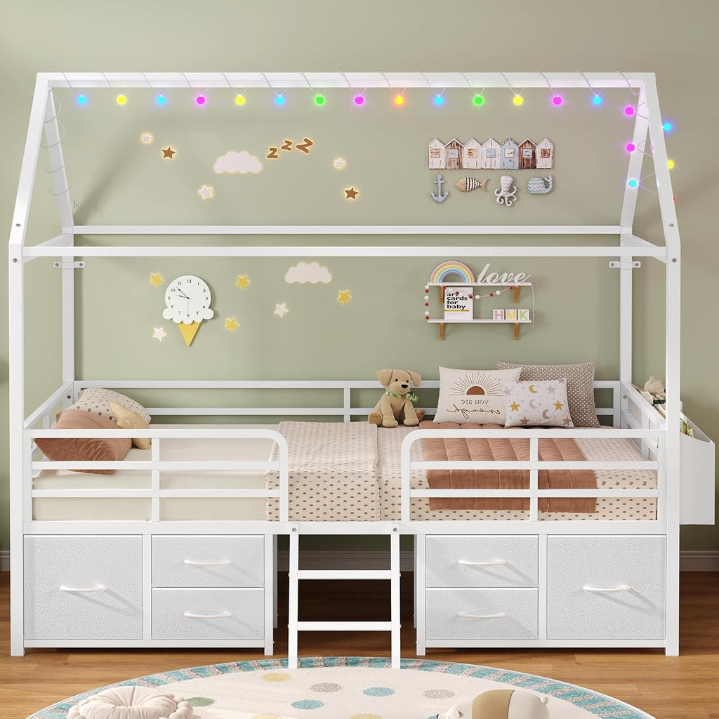 Twin Size Bed Frame with 6 Drawers,White Metal House Kids Bed | Twin Bed Frame for Girls,Safety Guardrail,Inclined