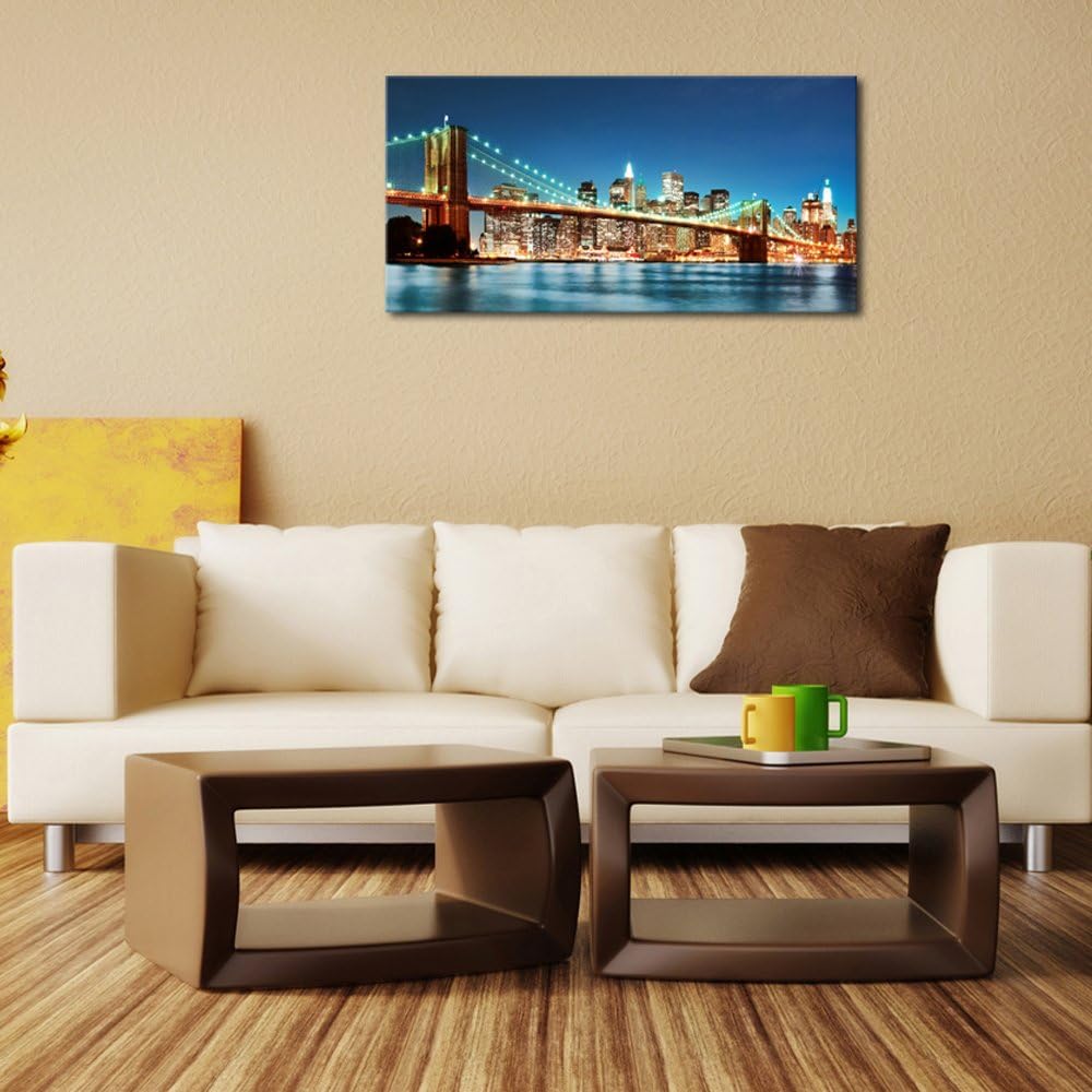 Large Modern New York Cityscape Canvas Wall Art Brooklyn Bridge Night View Canvas Prints Stretched Landscape Pictures