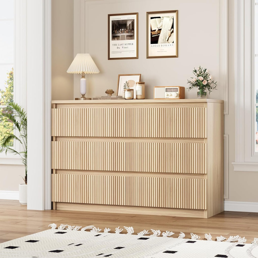 6 Drawer Fluted Dresser, Modern Chest of Drawers with Hidden Handles, Wood Storage Organizer Cabinet , Natural Oak