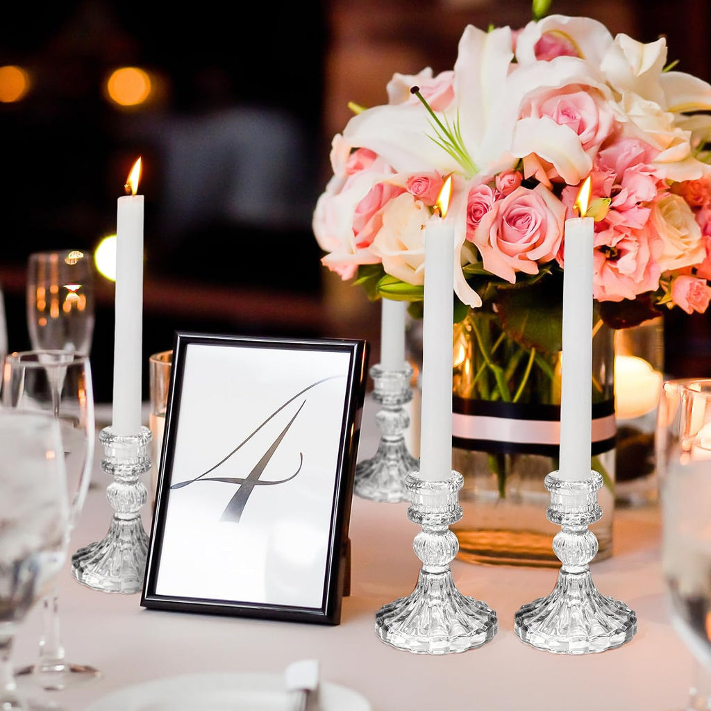 24 Pcs Glass Taper Candle Holder Sets 12 Candlestick Holder with 12 White Long Candles for Wedding Party Decor Dinner