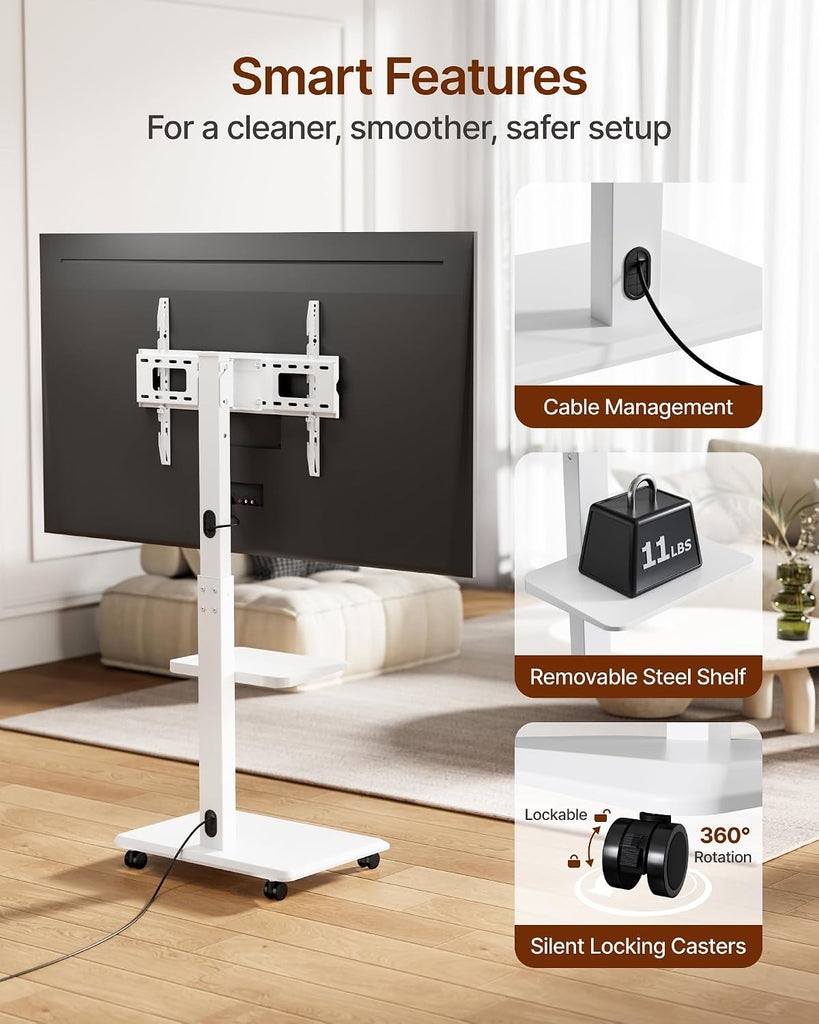Steel Base Rolling TV Stand for 32-75 inch TVs up to 110 lbs, Leveling & Tilt & Swivel Mobile TV Stand with Hidden