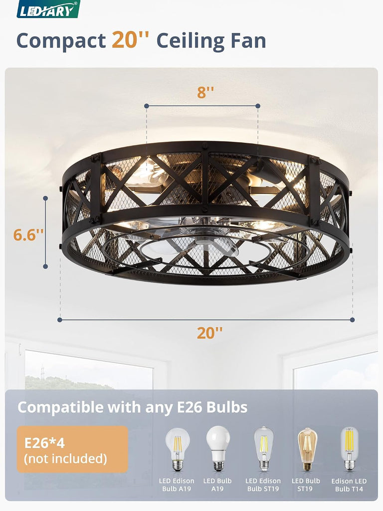 20" Caged Ceiling Fan with Light, APP&Remote Control, Small Flush Mount Farmhouse Fan Lights