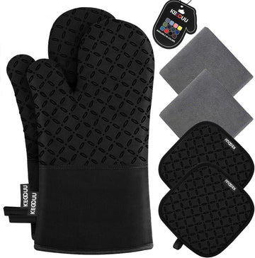 Oven Mitts and Pot Holders 6pcs Set, Kitchen Oven Glove High Heat Resistant 500 Degree Extra Long Oven Mitts and