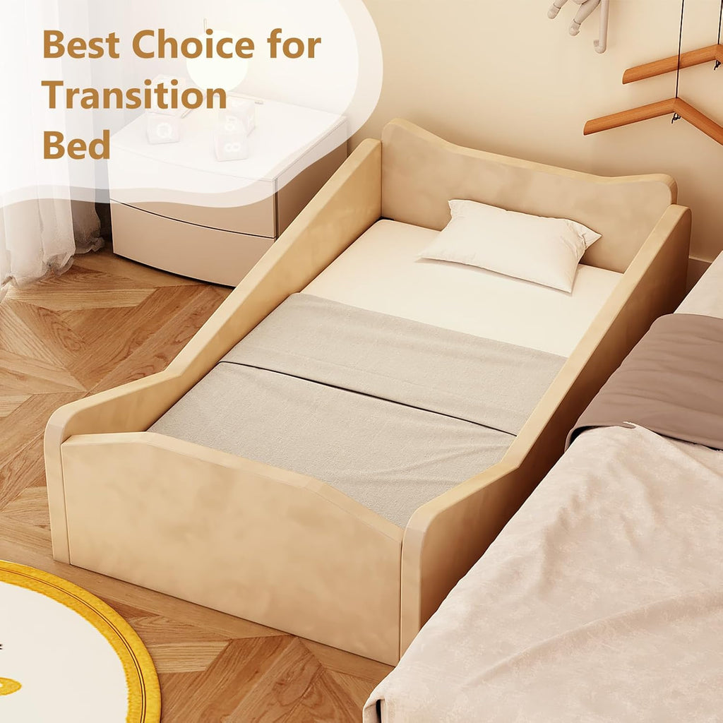 Toddler Bed, Floor Bed with Safety Guadrail, Montessori Toddler Bed with Animal Ear Shapes, Soft Velvet Wood Bed for