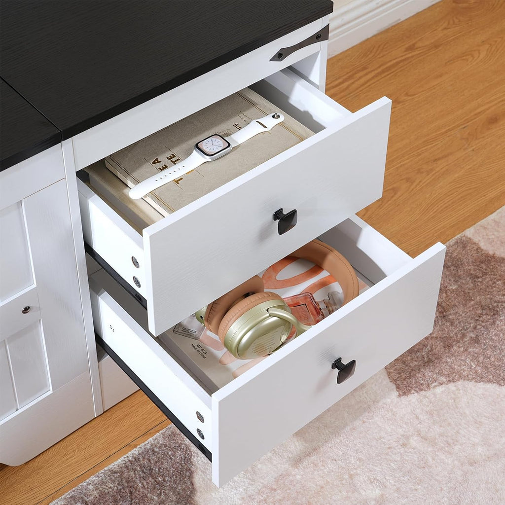 Storage Bench, Toy Box with Dual Drawers and Safe Hinge, Storage Chest with Extra-Long Thick Top, Easy Assembly