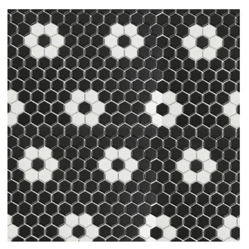 Classic Black & White Hexagon Flower Porcelain Mosaic Tile - 1x1 Floral Hex Pattern for Floor, Shower & Backsplash