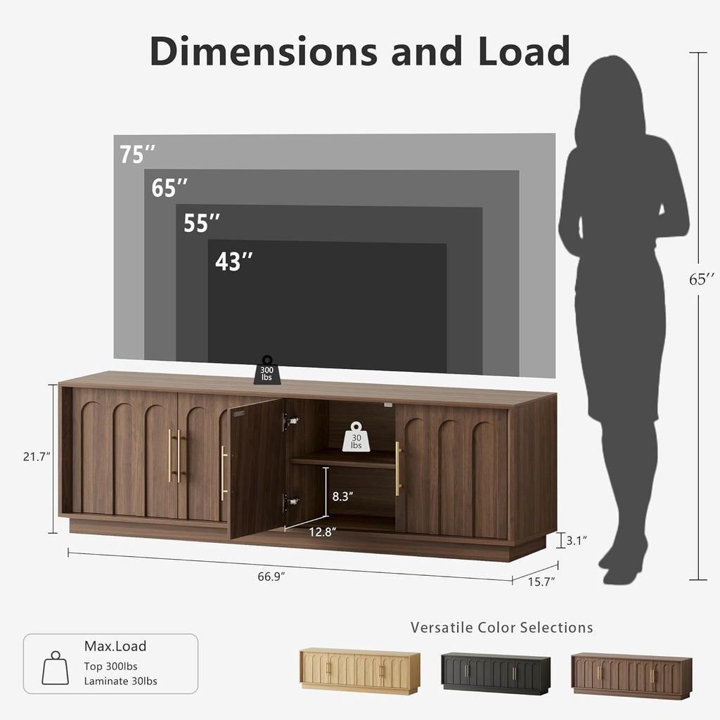 TV Stand for 75 Inch TV, Mid Century Modern TV Stand with Arched Design, Wood Grain Finish, Media Console with Adjustable Shelves, 67" Entertainment Center for Living Room Bedroom, Walnut