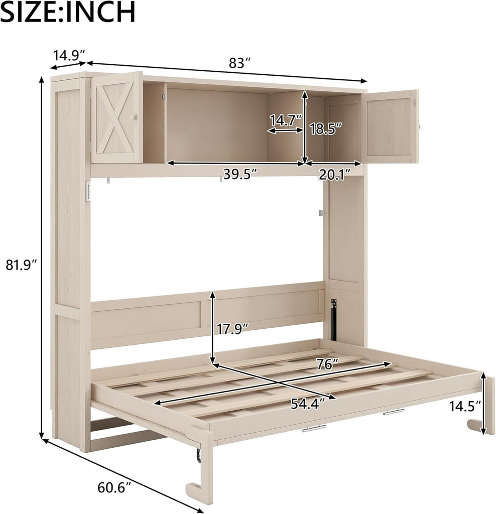 Full Murphy Bed with Storage Cabinets, Rustic Solid Wood Wall Bed with 3 Cabinet Shelves, Space Saving Foldable Bed