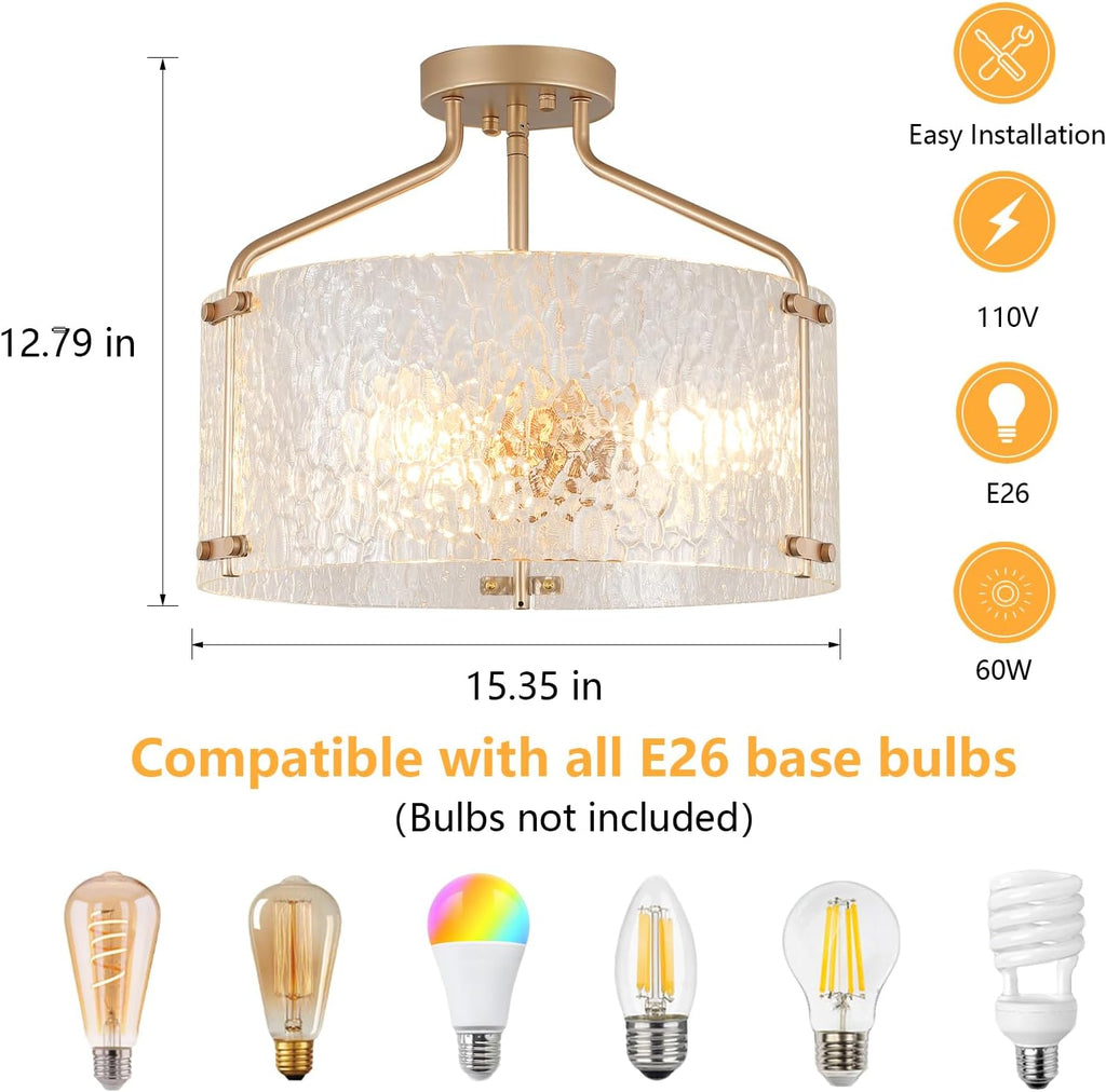Semi Flush Mount Ceiling Light Fixture Glass Drum Chandelier Entryway Light Fixture 16''Gold Flush Mount Ceiling