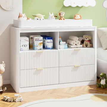 Nursery Dresser, 4 Large Drawers Wood Baby Changing Dresser with Raised and Detachable Changing Table Top, Fluted