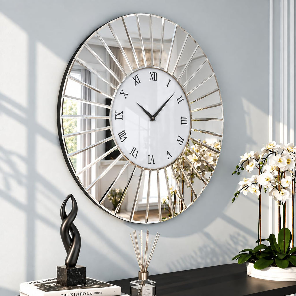 Mirrored Wall Clock, 24" Decorative Large Clock for Wall Decor