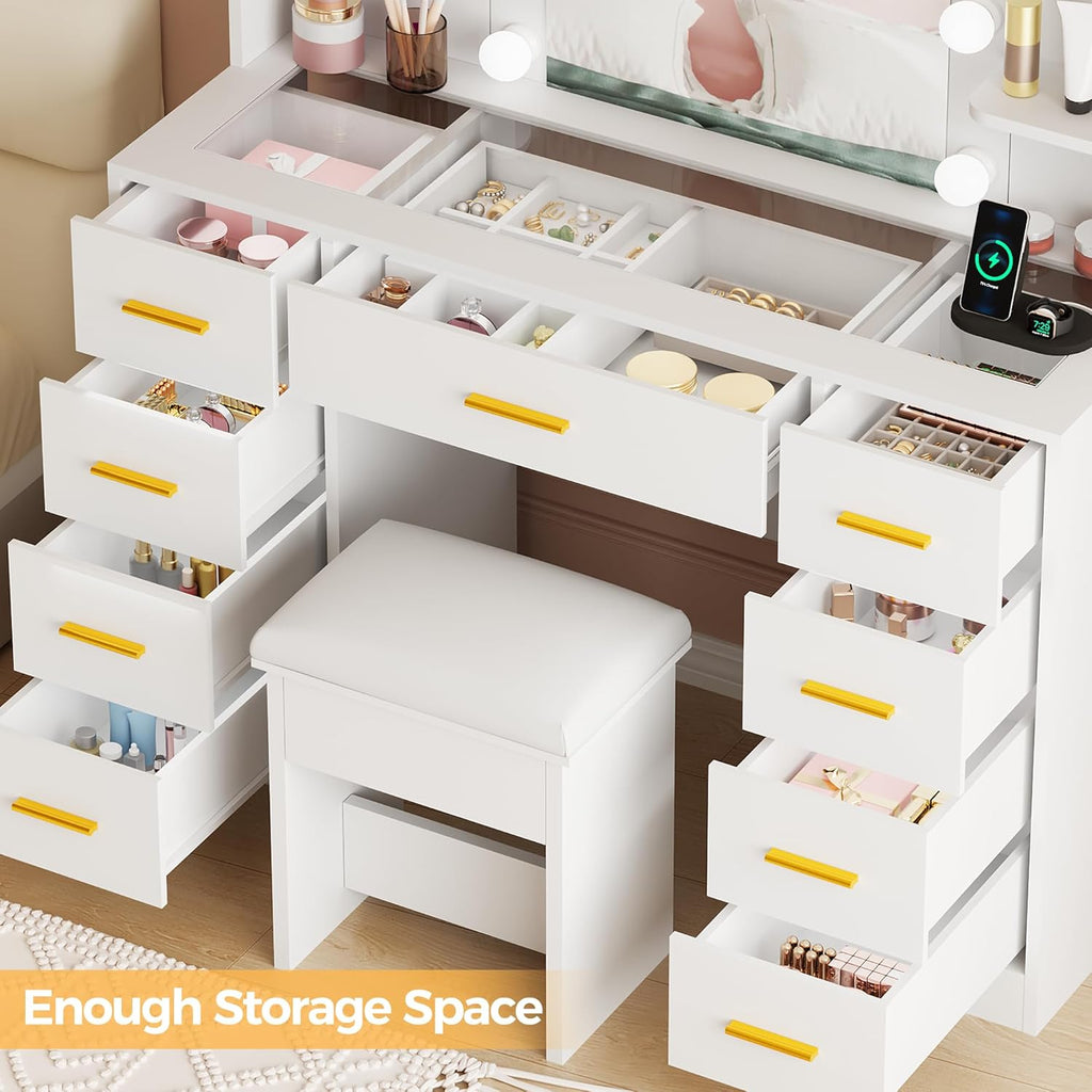 Large Vanity Desk with Mirror and Lights,Glass Top,9 Drawers | White Makeup Vanity Table with 4 Storage