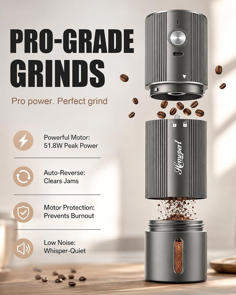 Upgraded Faster Electric Coffee Grinder, Stainless Steel Burrs, Gray | Cordless Coffee Mill, 1600mAh Rechargeable