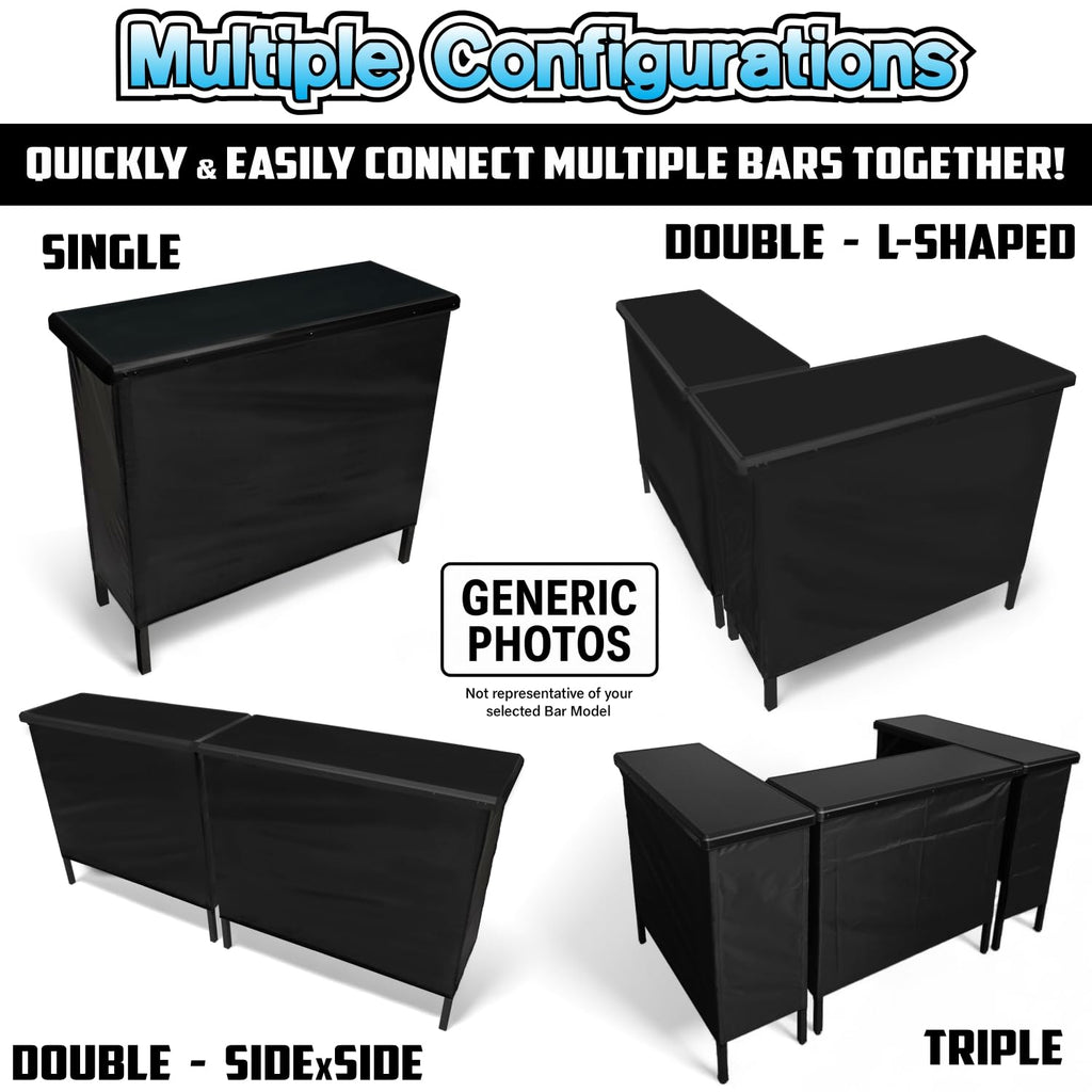 PartyLife NEW & Improved Portable Bar Table w/LED Lights, Folding Steel Legs, 2 Bar Skirts, Supportive Storage Shelf