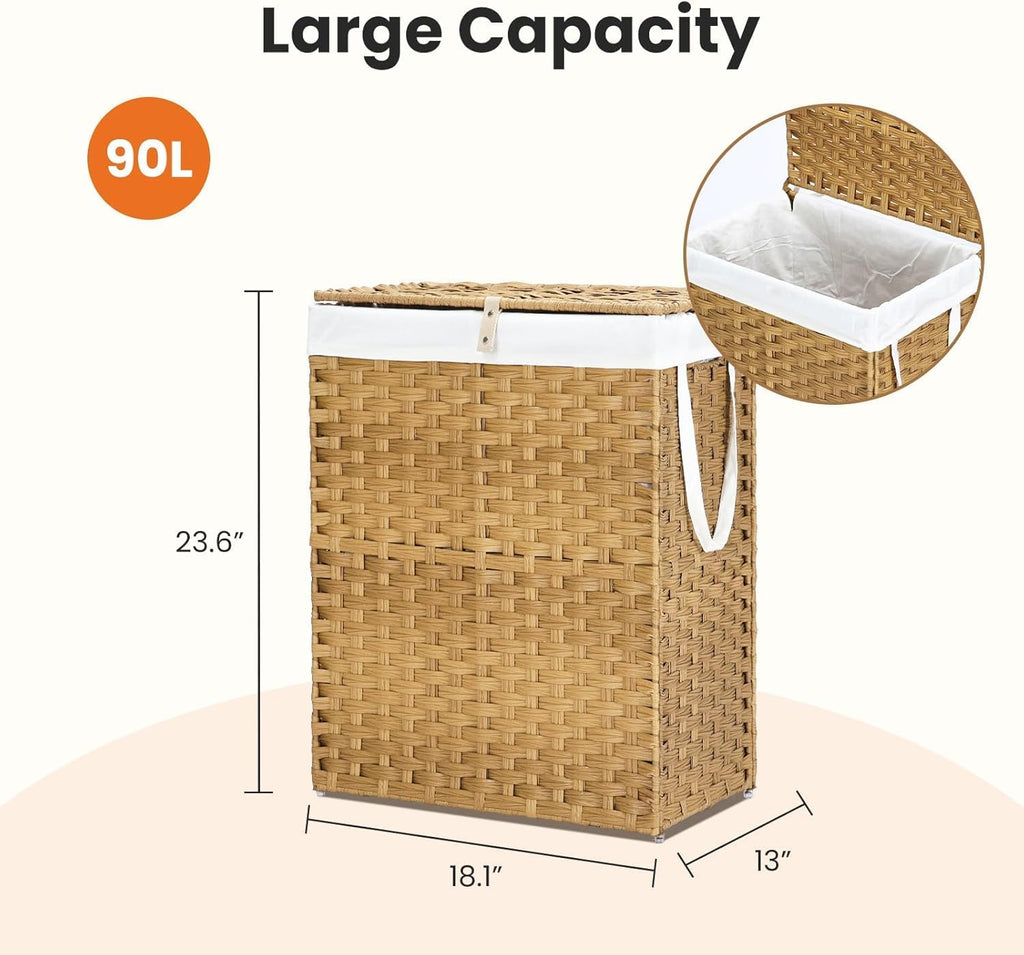 Laundry Hamper with Lid, 90 L Rattan Clothes Laundry Basket with Lid and Handles, Foldable Clothes Hamper, Removable