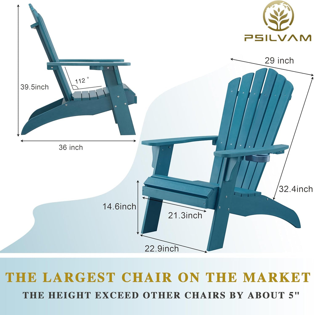 Adirondack Chairs Set of 2 with Cup Holder, Blue | 350Lbs Support, All Weather Patio Chairs for Fire Pit Deck