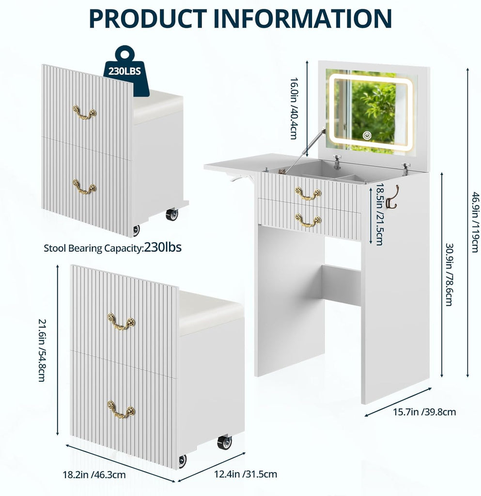 3-in-1 Vanity with Flip Mirror & Lights, Fluted Compact Vanity Table with 3 Drawers, Storage Compartment and Rolling