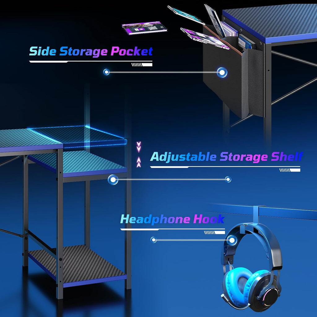 60'' Gaming Desk with LED Lights, Side Storage Bag, Black&Blue | Reversible Shelves, LED Lights, 4-Tier Storage