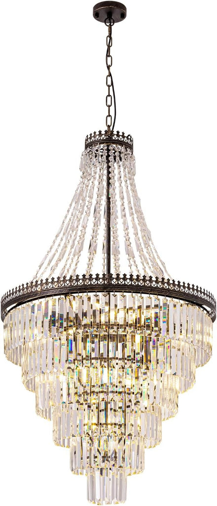 French Empire Crystal Chandelier, Large Vintage Chandelier for High Ceiling, 6-Tier Antique Bronze Lighting, Farmhouse Ceiling Light Fixture for Foyer, Entryway, Living Room, 28" Wx48''H