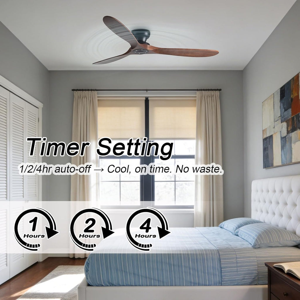 Solid Wood 60in Ceiling Fan Without Lights Flush Mount Ceiling Fans with Remote Control 6 Speeds