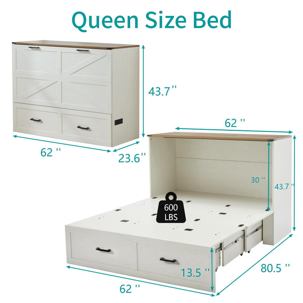 Queen Murphy Bed with Charging Station Large Storage Drawer Farmhouse Wood