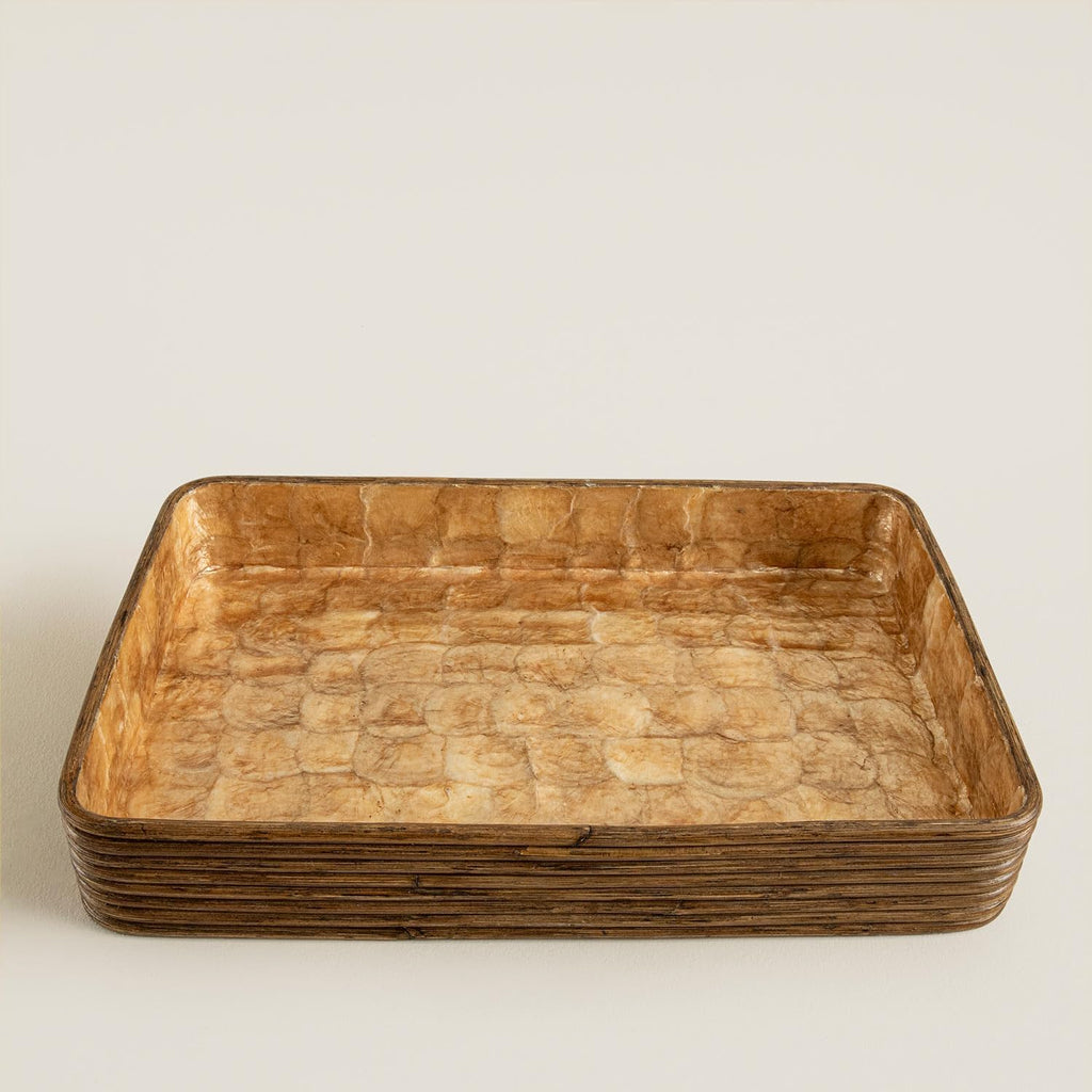 Innoq Square Decorative Ottoman Tray - 12 Inch Gold Capiz Shell & Rattan Serving Piece for Coffee Table Tray