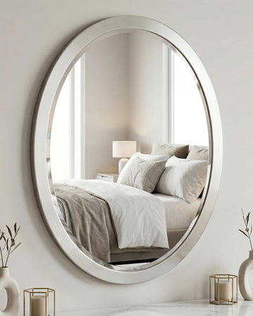 Elegant Classic Oval Brushed Nickel Stainless Steel Silver Framed Wall Mounted Beveled Edge, Fits for Vertical &
