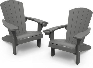 Alpine Adirondack 2 Pack Resin Outdoor Furniture Patio Chairs with Cup Holder-Perfect for Beach, Pool, and Fire Pit