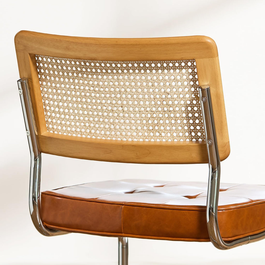 Rattan Dining Chairs Set of 2, Faux Leather Mid Century Modern Dining Room Chairs, Mesh Back Cane Kitchen Chair