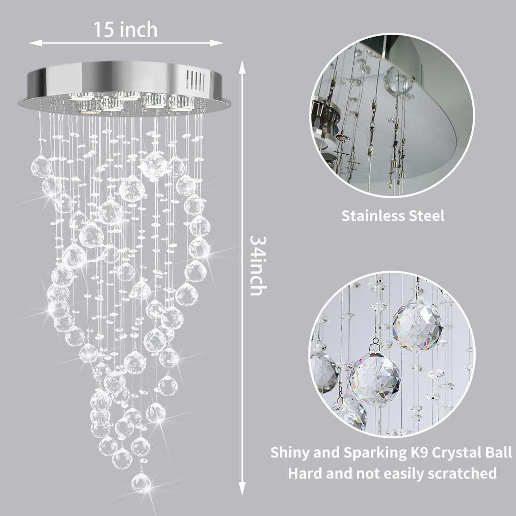 Modern Luxury 6-Lights Spiral Raindrop Crystal Chandeliers for Dining Room, k9 Crystal Ball Flush Mount Ceiling Light Fixture for Living Room,Bedroom,Bathroom,Hallway,Staircase