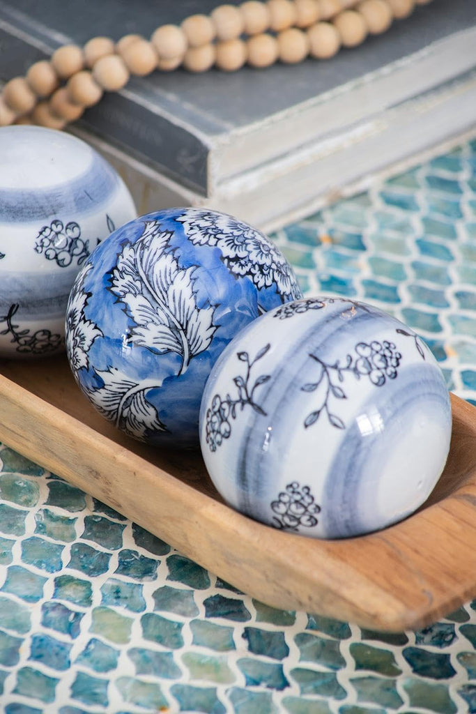 Set of 4 Porcelain Decorative Spheres - Handcrafted Blue and White Floral Orbs, Same Size, Decor, Tabletop Accent