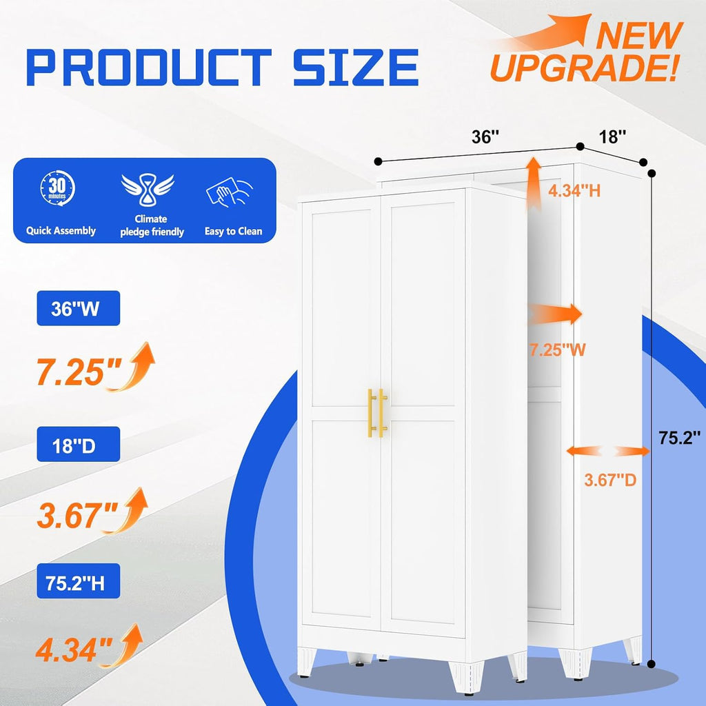 75.2" Tall Metal Storage Cabinet with 2 Doors and 5 Adjustable Shelves, New upgrade Kitchen Pantry Cabinet, White