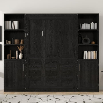 Queen Farmhouse Murphy Bed with Storage Bookcase Shelves and Cabinets, Solid Wood Foldable Hidden Vertical Murphy