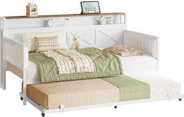 Daybed with Trundle, Sturdy Metal Twin Bed Frame with X-Shaped Frame, Upholstered Farmhouse Daybed with Charging