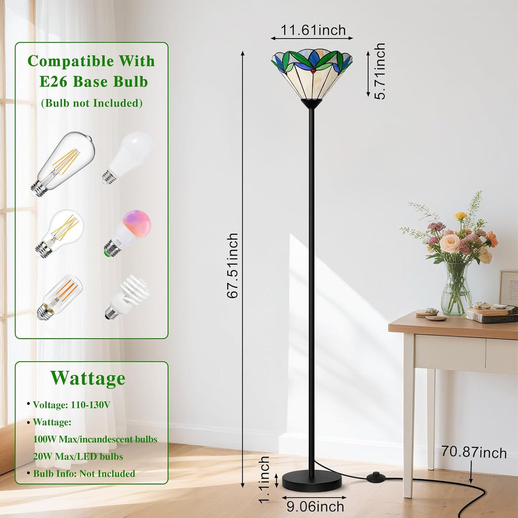Floor Lamp with Tree Leaf Stained Glass Shade, Torchiere Floor Lamp, Tall Corner Pole Lamp with Foot Switch