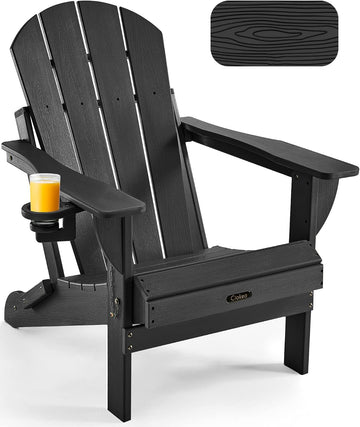 Folding Adirondack Chair Wood Texture , Weather Resistant, Plastic Fire Pit Chair with Cup Holder, Lawn Chair for