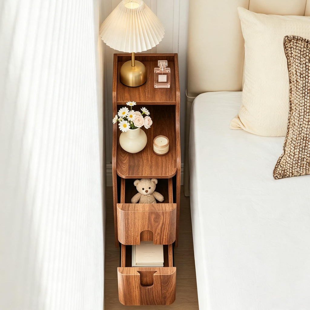 Narrow Nightstand, Wooden 2 Drawer, Walnut