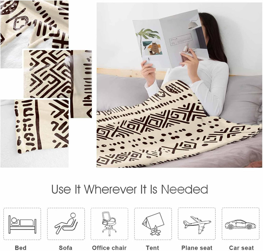 Boho Beige Throw Blanket Fleece Blanket, Vintage Tribe African Texture Soft Microfiber Fuzzy Cozy Lightweight Blankets