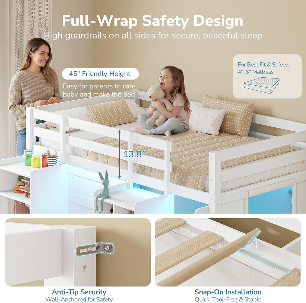 Low Loft Bed Twin with LED Lights, Wooden Kids Twin Loft Bed with Storage Bookcase, Toy Box