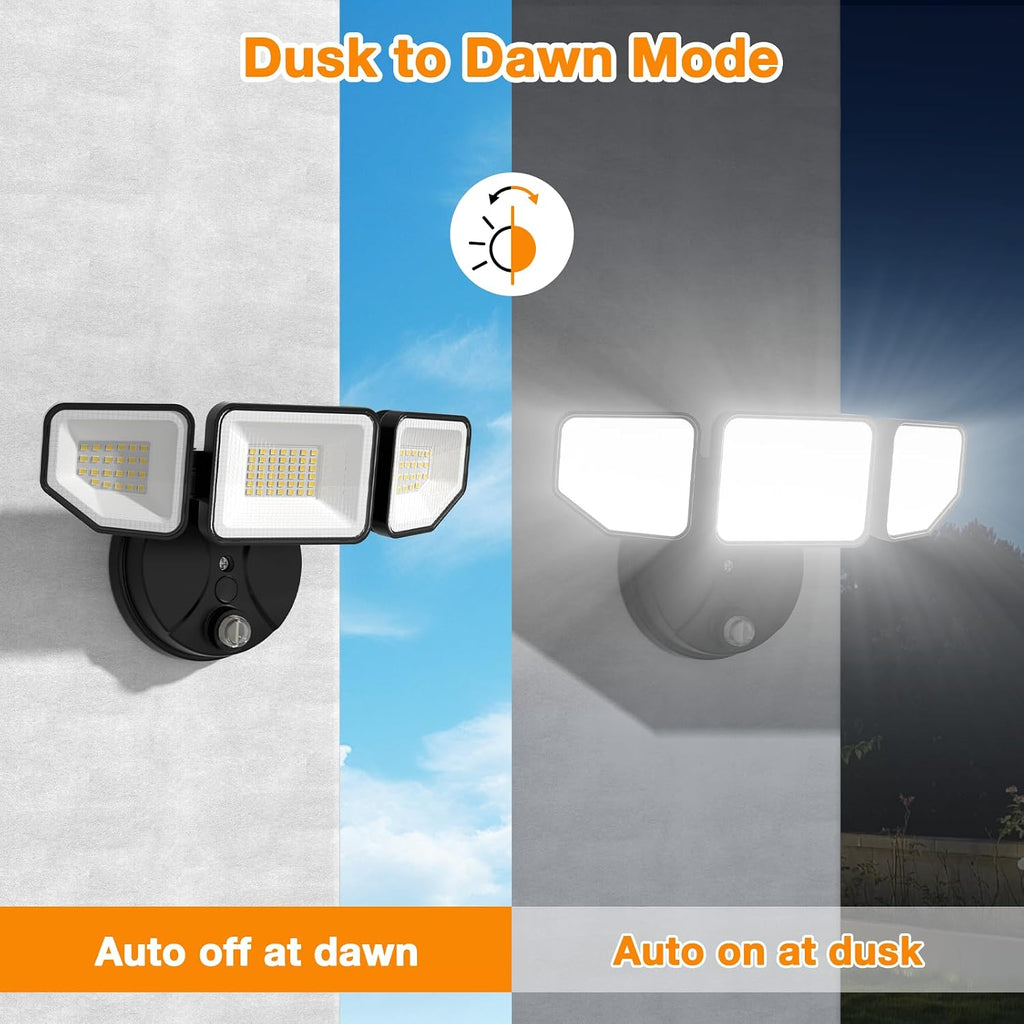 65W Dusk to Dawn Flood Lights Outdoor, 6500LM LED Outdoor Light, IP65 Waterproof, 6500K Daylight, 3 Adjustable Heads