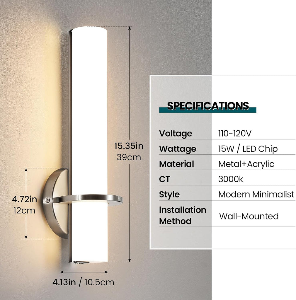 Brushed Nickel Wall Sconces Set of Two - 15 inch Modern Bathroom Sconce 15W 3000K Dimmable LED Sconces Wall Lighting