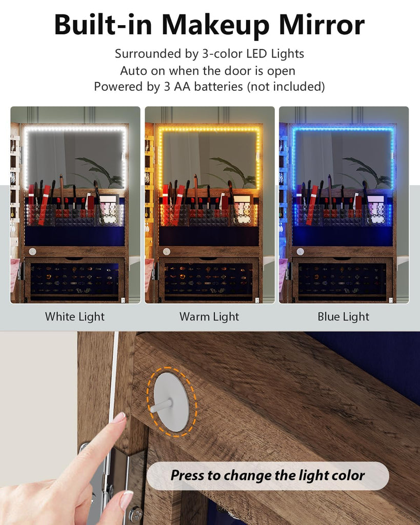 Full Length Mirror Jewelry Armoire, LED, Lockable, Rotating, Walnut