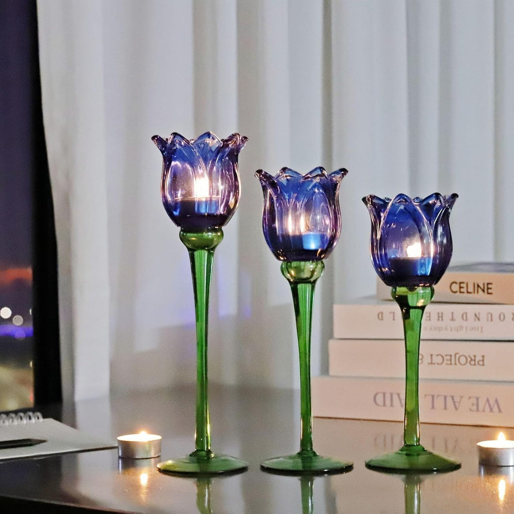 Blue Flower Tealight Candle Holder Set of 3 with Different Heights, Lovely Tulips Tea Light Candle Holder Glass Table