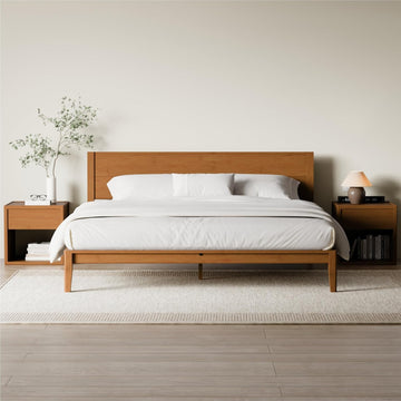 Japanese Joinery California King Bed Frame, Mid-Century Modern Solid Bamboo Wood Platform Bed with Tall Headboard