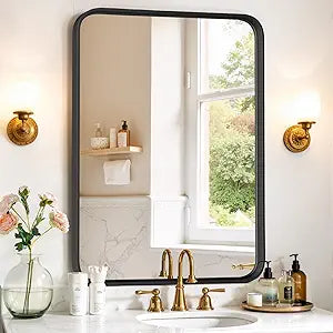 Bathroom Mirror 36X24 Inch Black Metal Frame Rectangle Vanity Mirror with Rounded Corners, Modern Wall Mounted