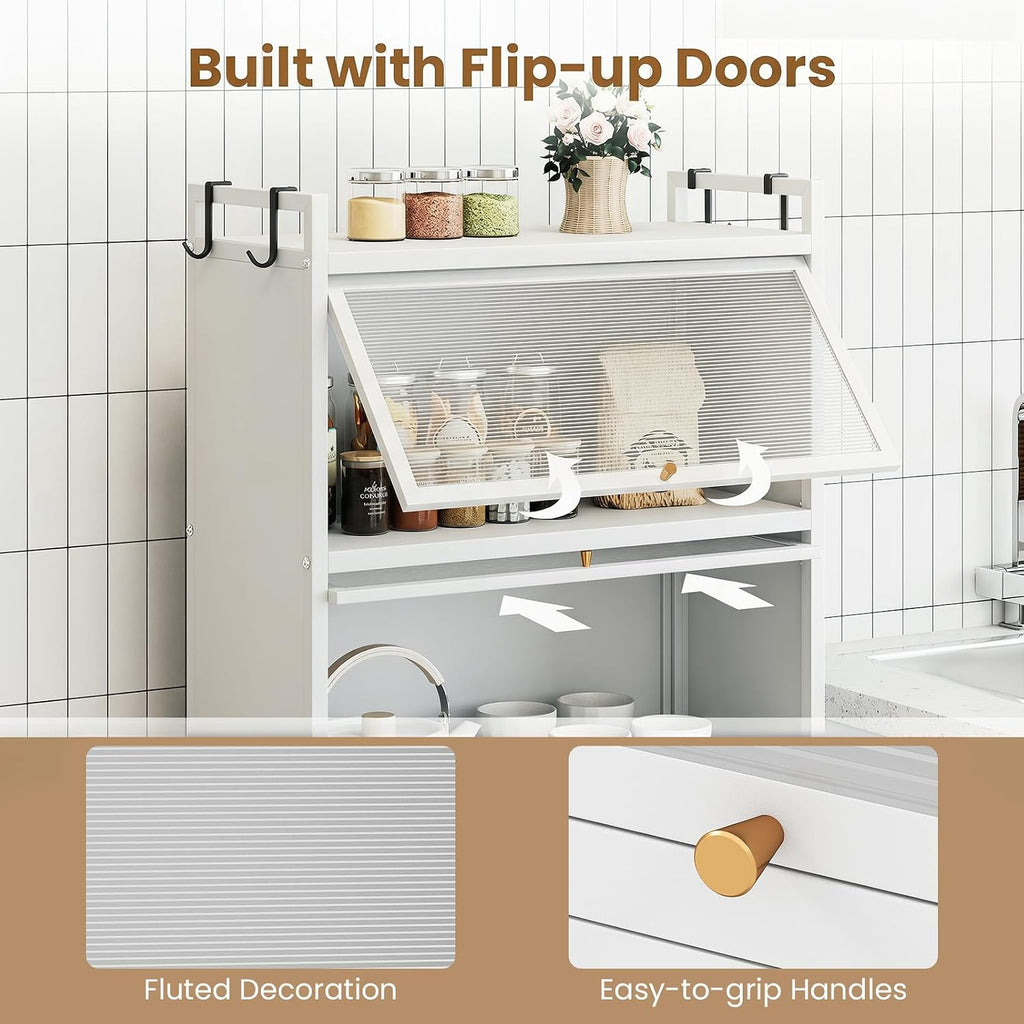 5-Tier Kitchen Storage Cabinet, 4 PC Doors, Rolling Wheels (White) | Mobile Metal Pantry Cabinet with 4 Hooks &