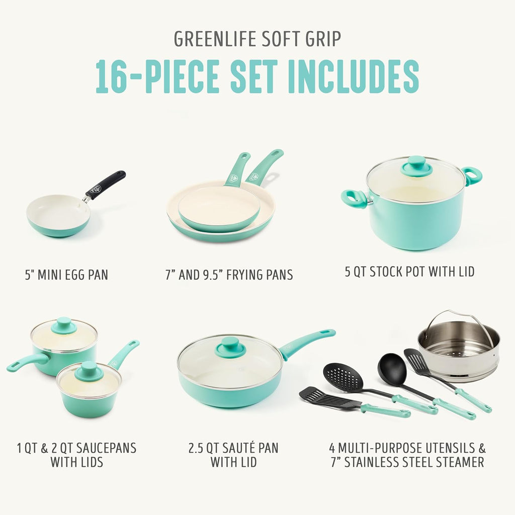 16 Piece Ceramic Nonstick Pots & Pans Cookware Set, Turquoise | PFAS-Free Ceramic Nonstick, Stockpot, Frying Pans